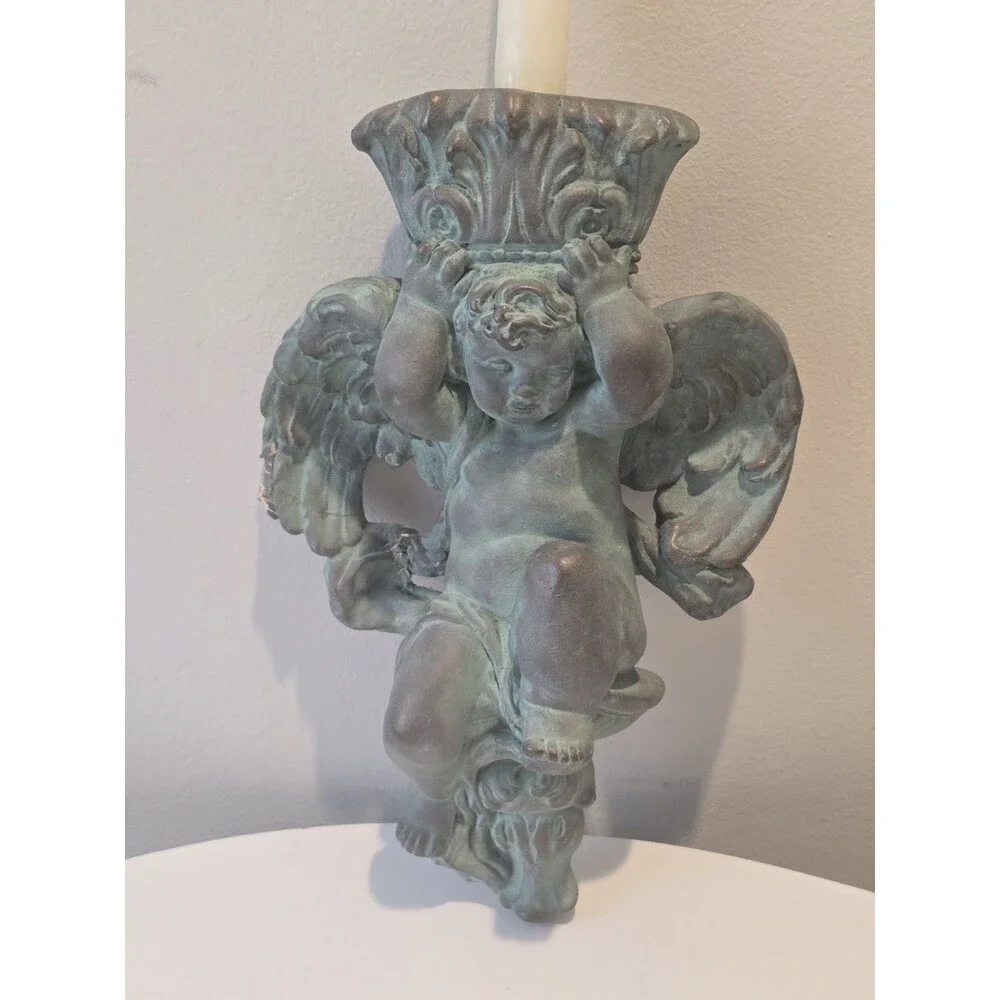 Antique Cherub Wall Sconce Candle Holder Chalkware Verdigris As-Is Repair